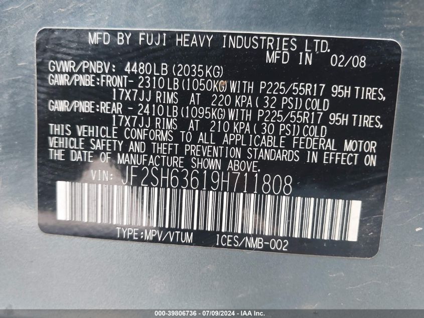 2009 Subaru Forester 2.5X Premium VIN: JF2SH63619H711808 Lot: 39806736