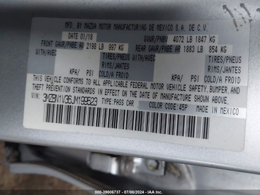 2018 Mazda 3 Touring VIN: 3MZBN1V36JM199523 Lot: 39806737