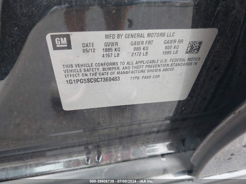 2012 Chevrolet Cruze 2Lt VIN: 1G1PG5SC9C7360483 Lot: 39806739