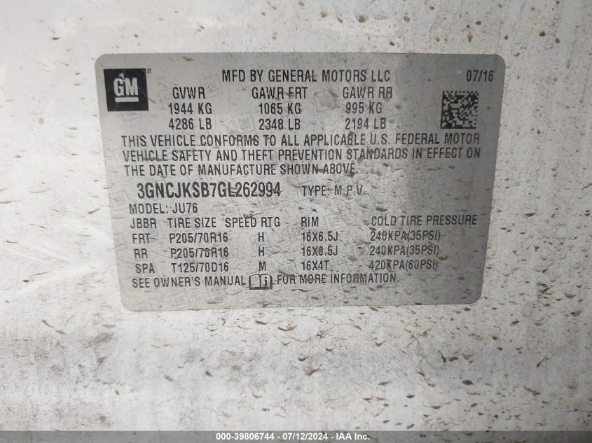 2016 Chevrolet Trax 1Ls VIN: 3GNCJKSB7GL262994 Lot: 39806744