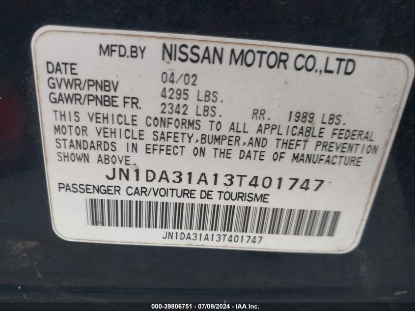 2003 Nissan Maxima Gle VIN: JN1DA31A13T401747 Lot: 39806751
