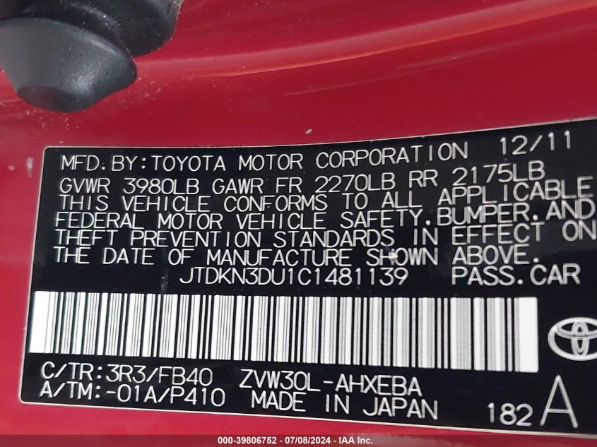 2012 Toyota Prius Two VIN: JTDKN3DU1C1481139 Lot: 39806752