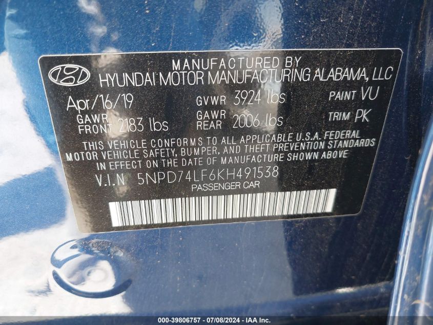 2019 HYUNDAI ELANTRA SE - 5NPD74LF6KH491538