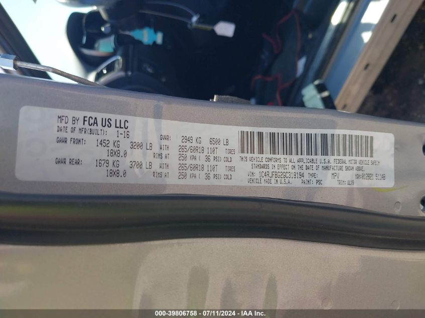 2016 Jeep Grand Cherokee Limited VIN: 1C4RJFBG2GC318194 Lot: 39806758