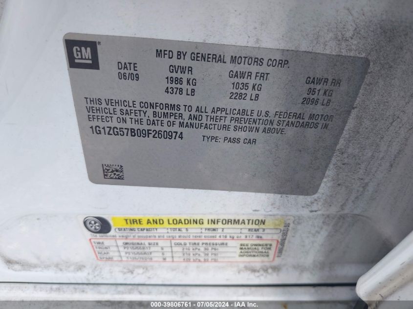 2009 Chevrolet Malibu Ls VIN: 1G1ZG57B09F260974 Lot: 39806761