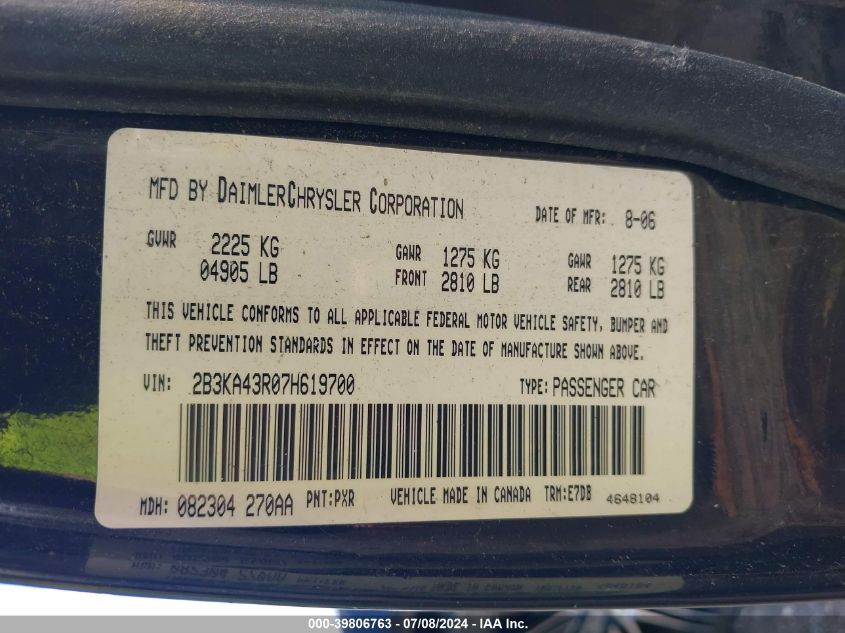 2007 Dodge Charger VIN: 2B3KA43R07H619700 Lot: 39806763