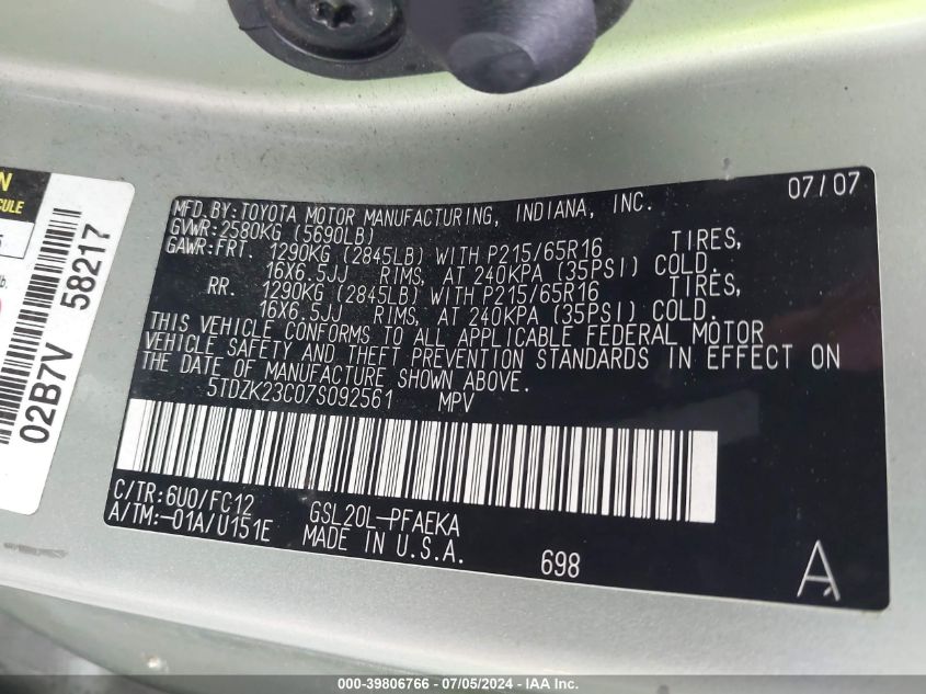 2007 Toyota Sienna Le VIN: 5TDZK23C07S092561 Lot: 39806766