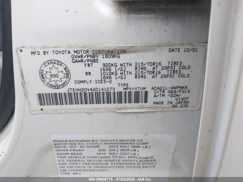 2002 Toyota Rav4 VIN: JTEHH20V420141073 Lot: 39806775