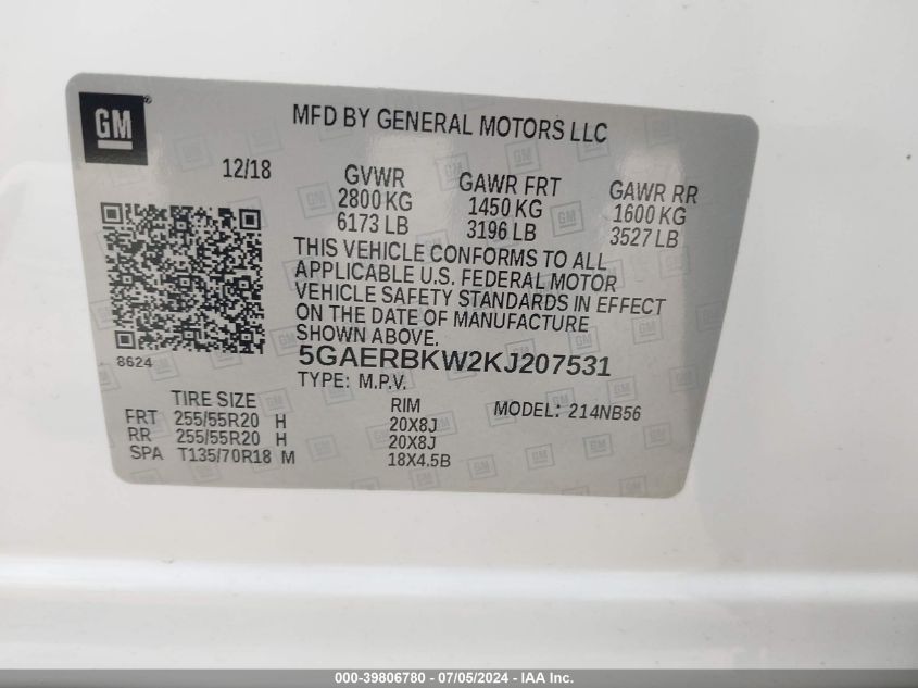 2019 Buick Enclave Essence VIN: 5GAERBKW2KJ207531 Lot: 39806780