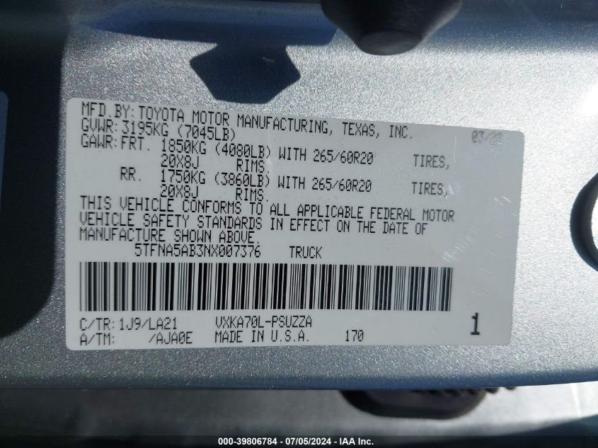 2022 TOYOTA TUNDRA PLATINUM - 5TFNA5AB3NX007376
