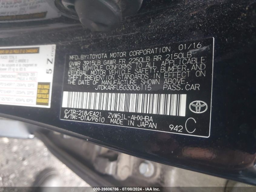 2016 Toyota Prius VIN: JTDKARFU5G3006115 Lot: 39806786