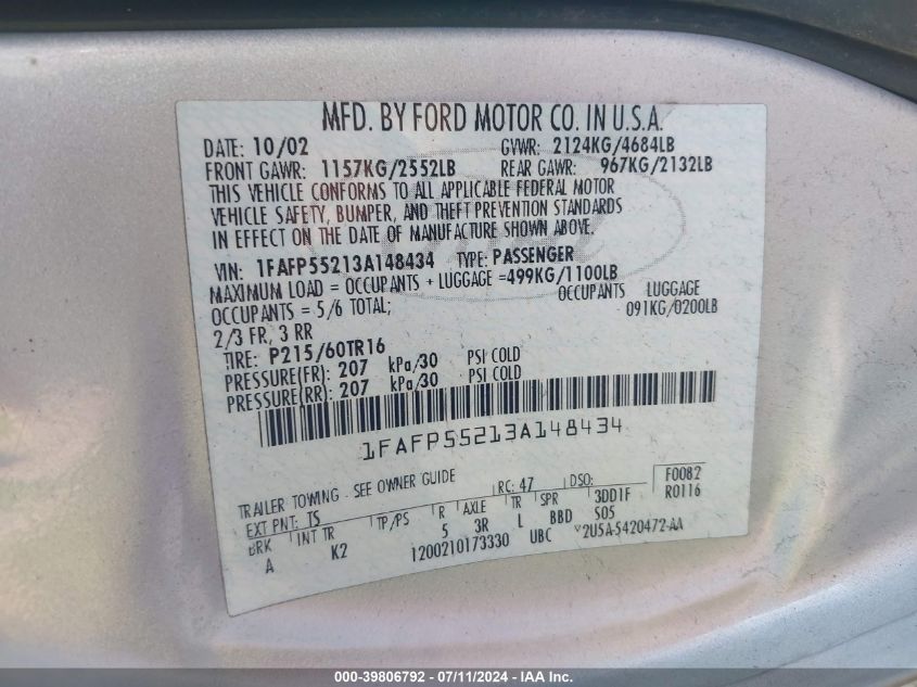 2003 Ford Taurus Ses VIN: 1FAFP55213A148434 Lot: 39806792