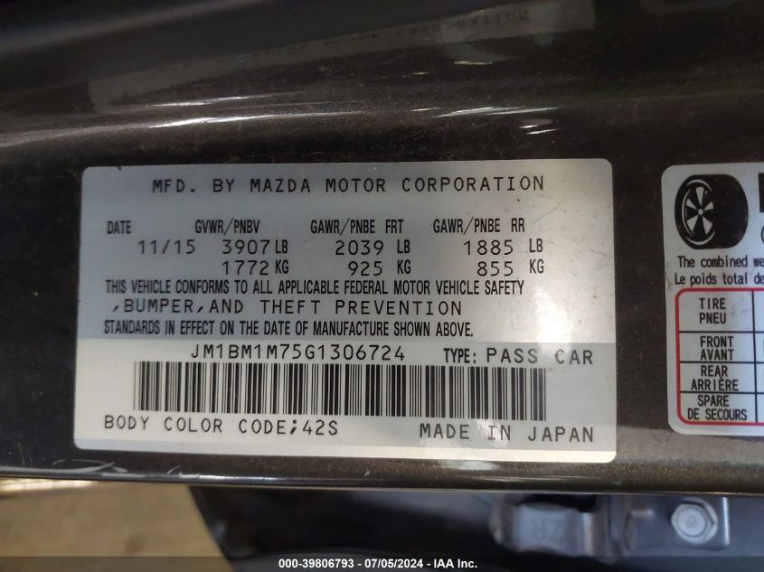 JM1BM1M75G1306724 2016 Mazda Mazda3 I Touring