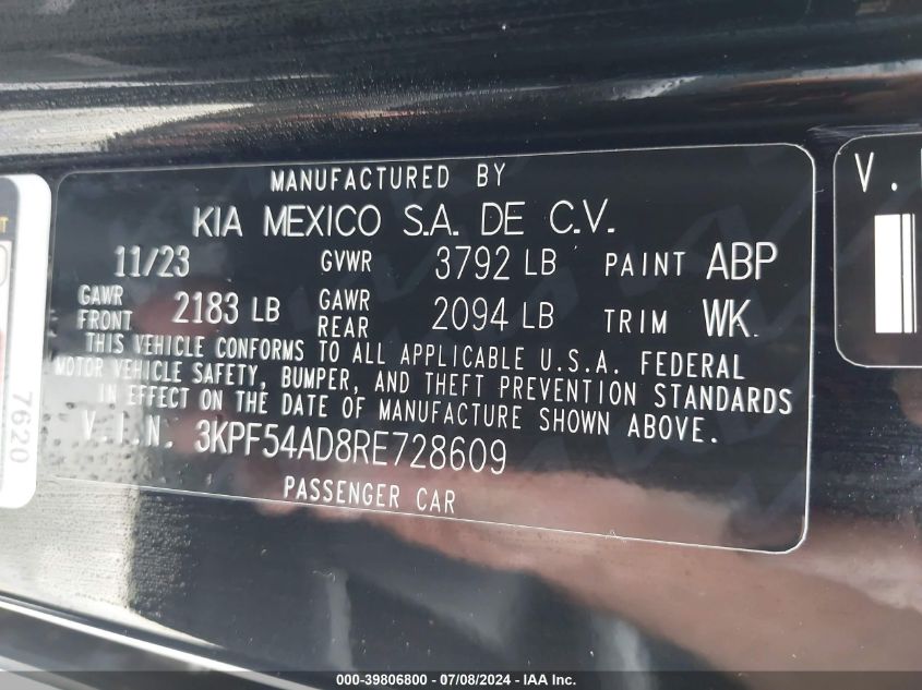 2024 Kia Forte Gt-Line VIN: 3KPF54AD8RE728609 Lot: 39806800