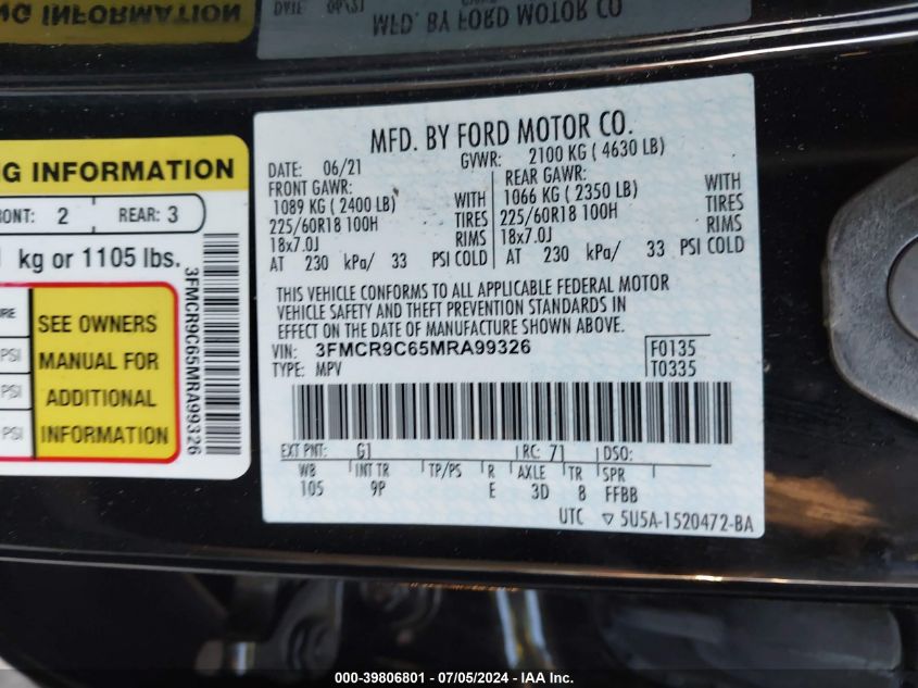 2021 Ford Bronco Sport Outer Banks VIN: 3FMCR9C65MRA99326 Lot: 39806801