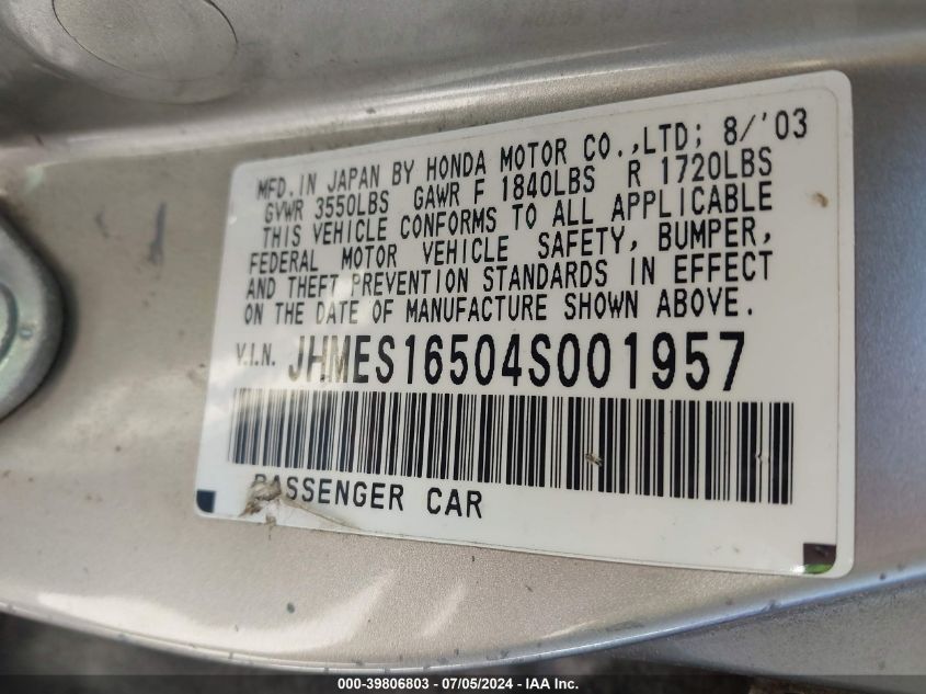 2004 Honda Civic Lx VIN: JHMES16504S001957 Lot: 39806803