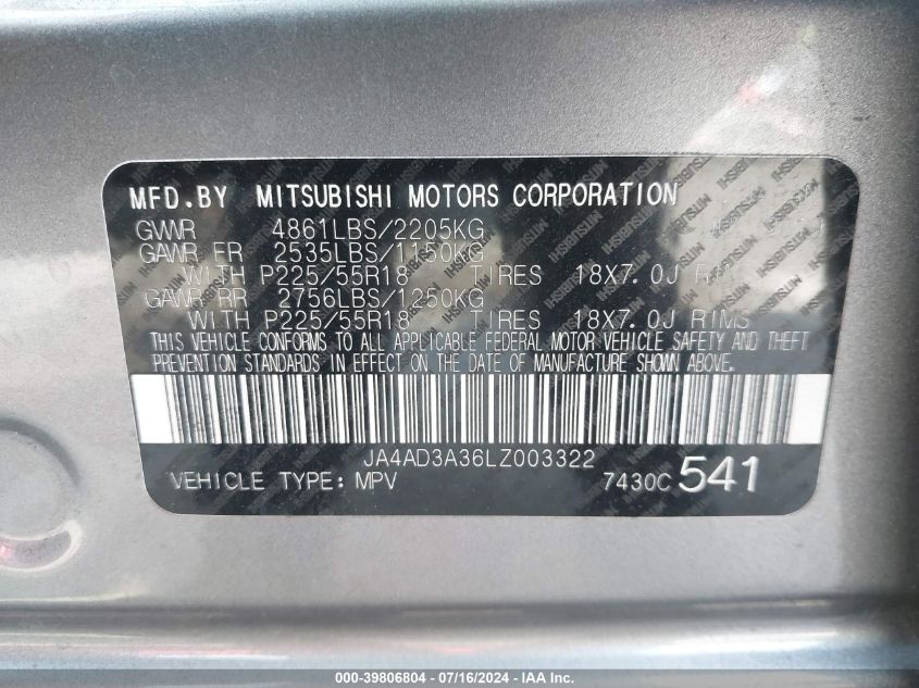 2020 Mitsubishi Outlander Se 2.4 VIN: JA4AD3A36LZ003322 Lot: 39806804