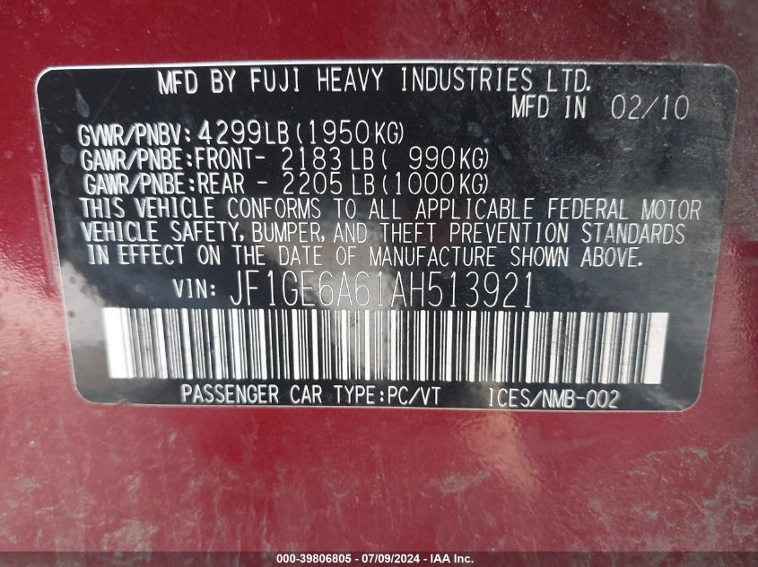 2010 Subaru Impreza 2.5I VIN: JF1GE6A61AH513921 Lot: 39806805