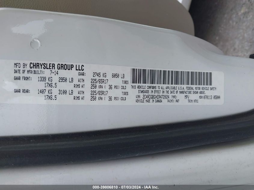 2014 Dodge Grand Caravan Se VIN: 2C4RDGBGXER472024 Lot: 39806810