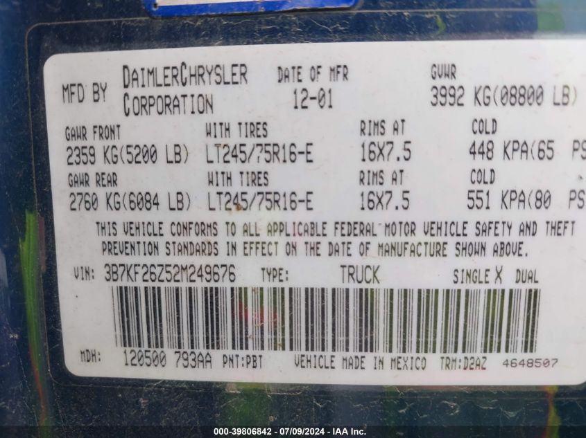 2002 Dodge Ram 2500 St VIN: 3B7KF26Z52M249676 Lot: 39806842