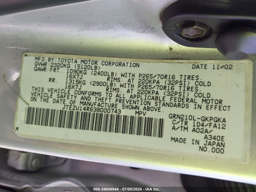 2003 Toyota 4Runner Sr5/Sport VIN: JTEZU14R638000743 Lot: 39806844