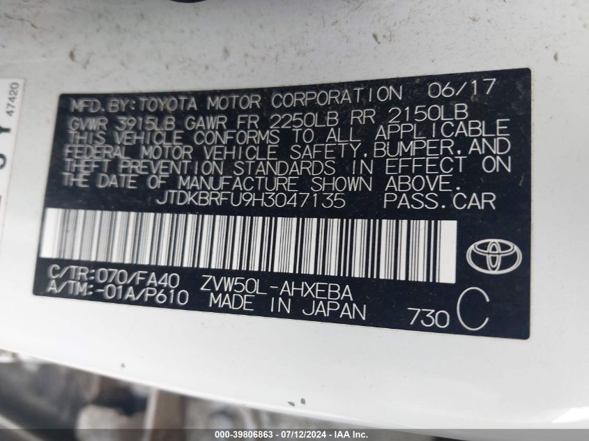 2017 Toyota Prius Two VIN: JTDKBRFU9H3047135 Lot: 39806863