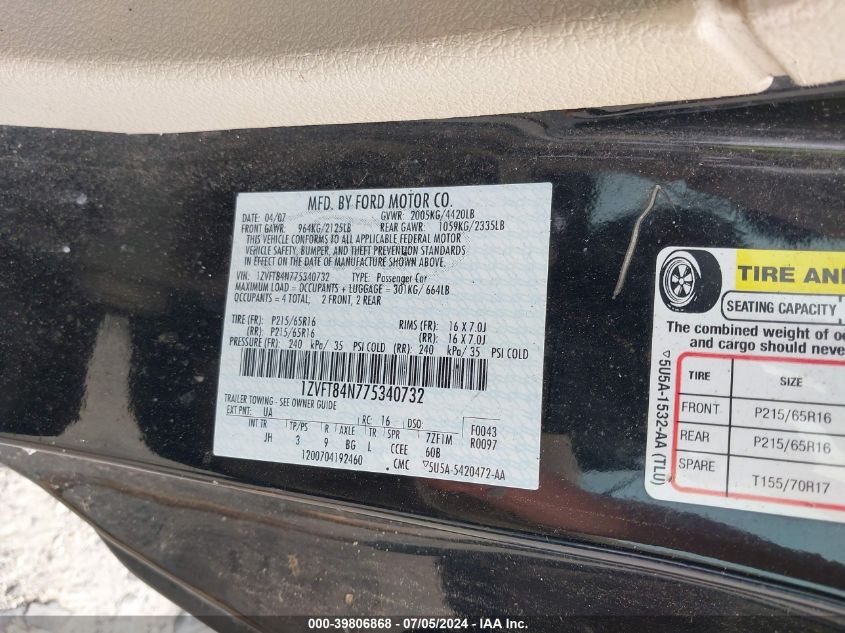 2007 Ford Mustang V6 Deluxe/V6 Premium VIN: 1ZVFT84N775340732 Lot: 39806868