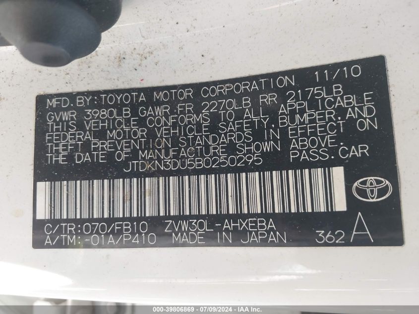 2011 Toyota Prius Two VIN: JTDKN3DU5B0250295 Lot: 39806869