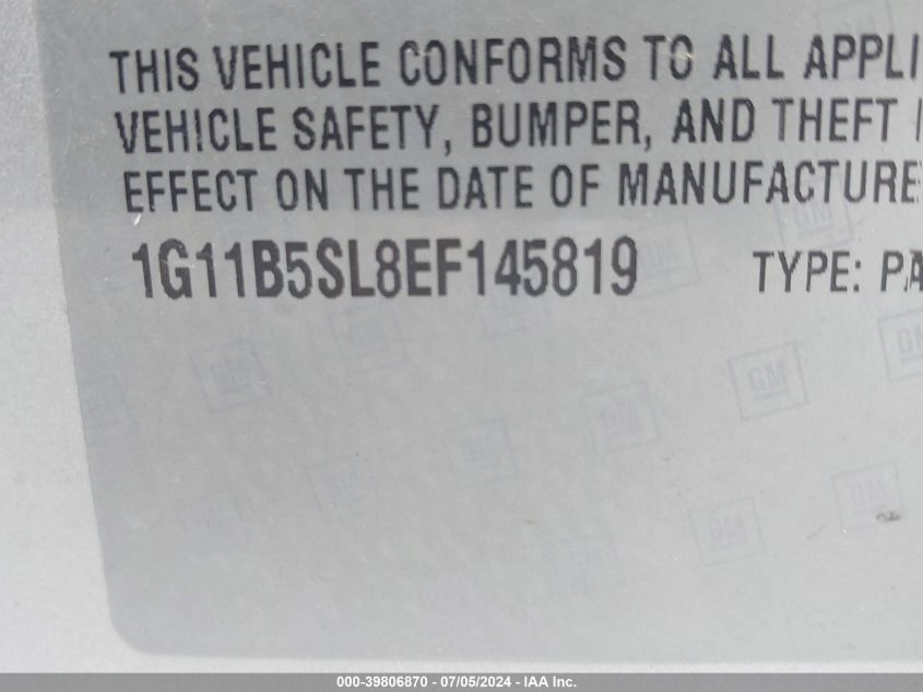 2014 Chevrolet Malibu 1Ls VIN: 1G11B5SL8EF145819 Lot: 39806870