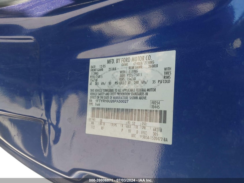 2006 Ford Ranger Sport/Stx/Xl/Xlt VIN: 1FTYR10U26PA50027 Lot: 39806871