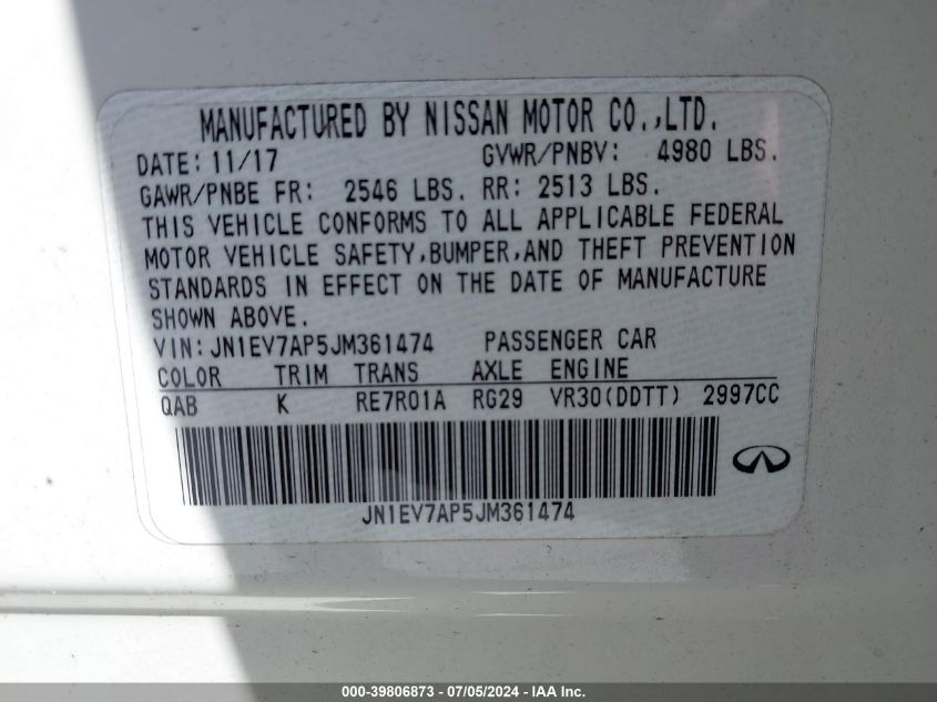 2018 Infiniti Q50 Luxe/Sport VIN: JN1EV7AP5JM361474 Lot: 39806873