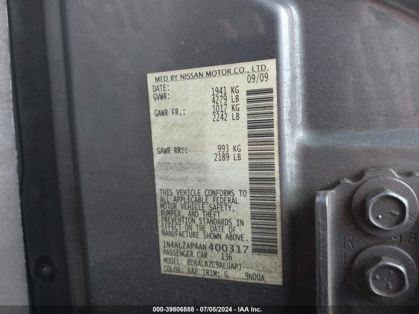 2010 Nissan Altima S VIN: 1N4AL2AP4AN400317 Lot: 39806888