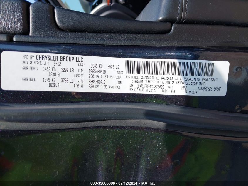 2012 Jeep Grand Cherokee Limited VIN: 1C4RJFBG4CC273026 Lot: 39806898