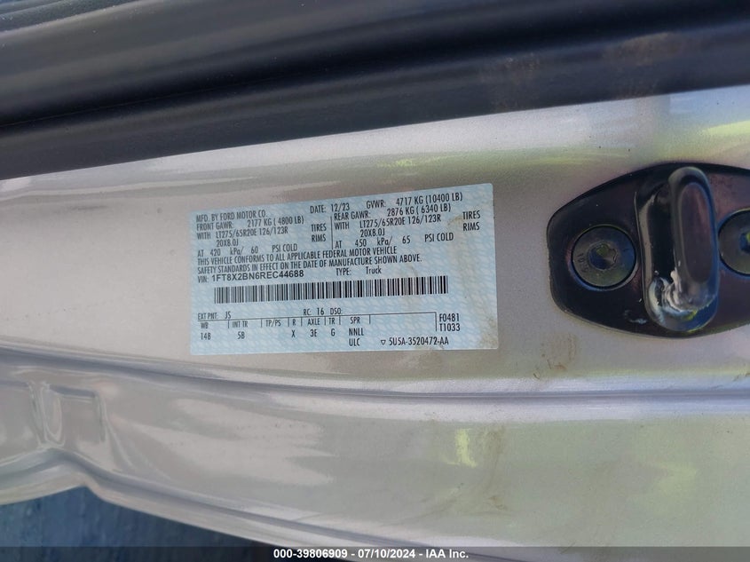 2024 Ford F-250 Lariat VIN: 1FT8X2BN6REC44688 Lot: 39806909