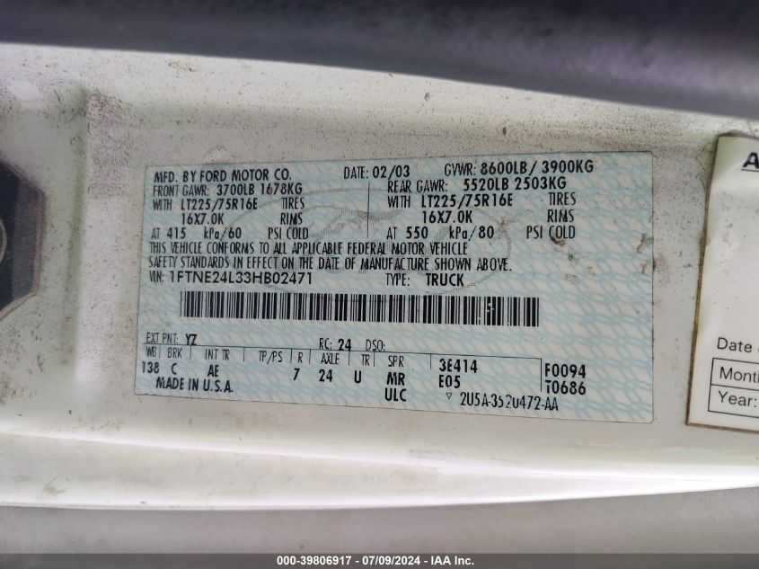 2003 Ford E-250 Commercial/Recreational VIN: 1FTNE24L33HB02471 Lot: 39806917