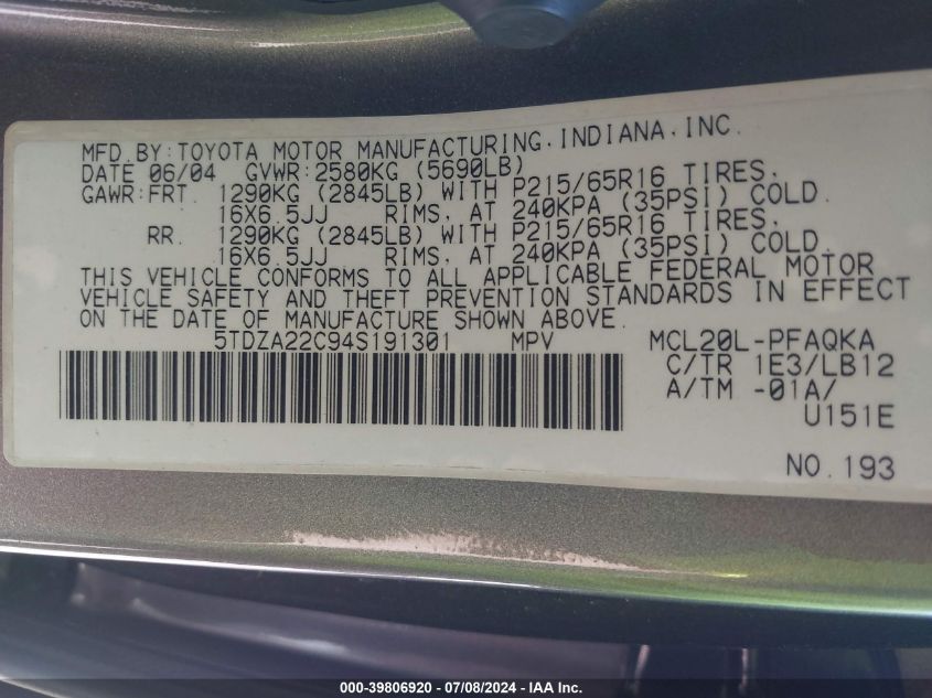 2004 Toyota Sienna Xle VIN: 5TDZA22C94S191301 Lot: 39806920