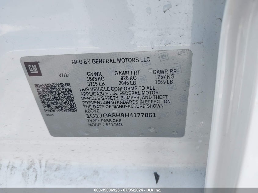 2017 Chevrolet Sonic Lt Auto VIN: 1G1JG6SH9H4177861 Lot: 39806925