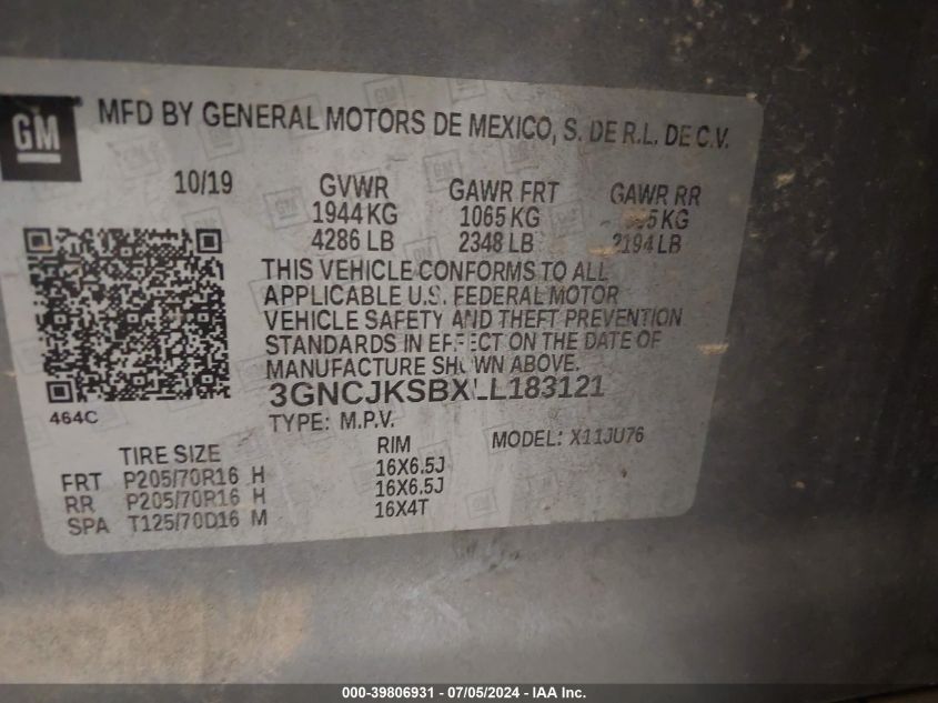 2020 Chevrolet Trax Fwd Ls VIN: 3GNCJKSBXLL183121 Lot: 39806931