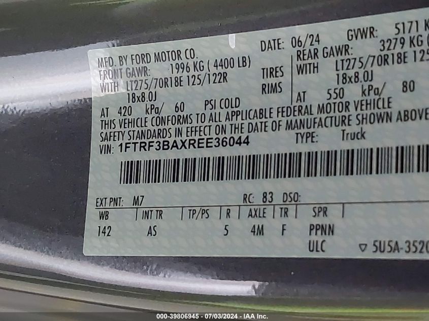 2024 Ford F350 Super Duty VIN: 1FTRF3BAXREE36044 Lot: 39806945