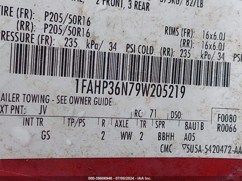 2009 Ford Focus Ses VIN: 1FAHP36N79W205219 Lot: 39806946