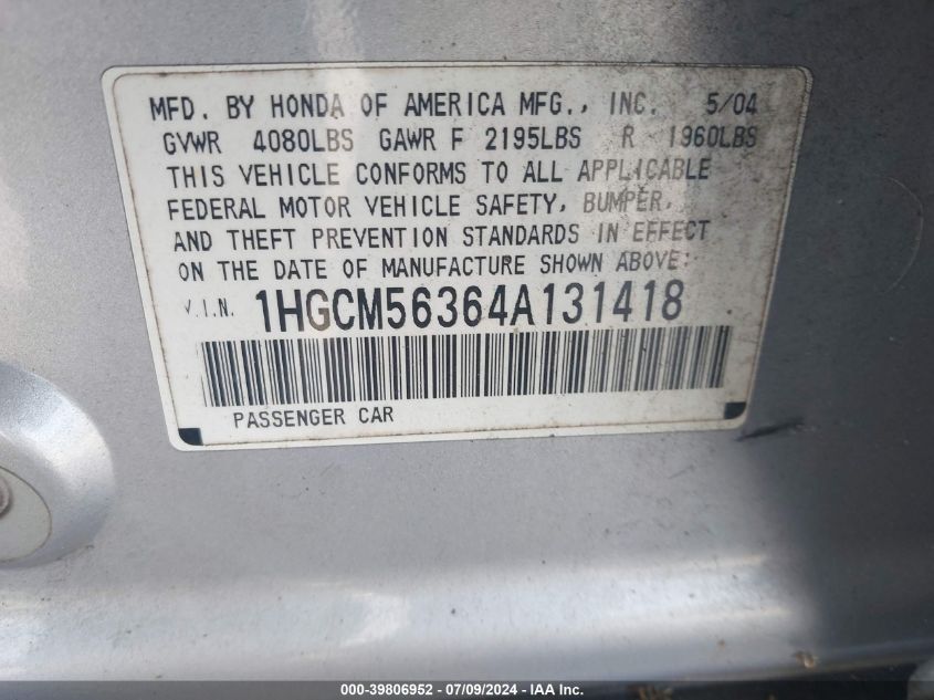 1HGCM56364A131418 | 2004 HONDA ACCORD