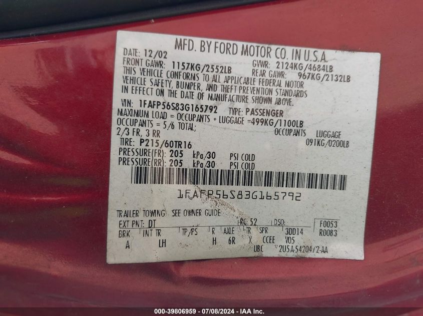 2003 Ford Taurus Sel VIN: 1FAFP56S83G165792 Lot: 39806959