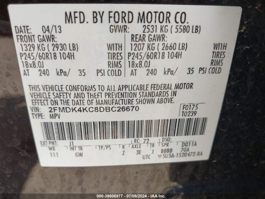 2013 Ford Edge Limited VIN: 2FMDK4KC8DBC26670 Lot: 39806977