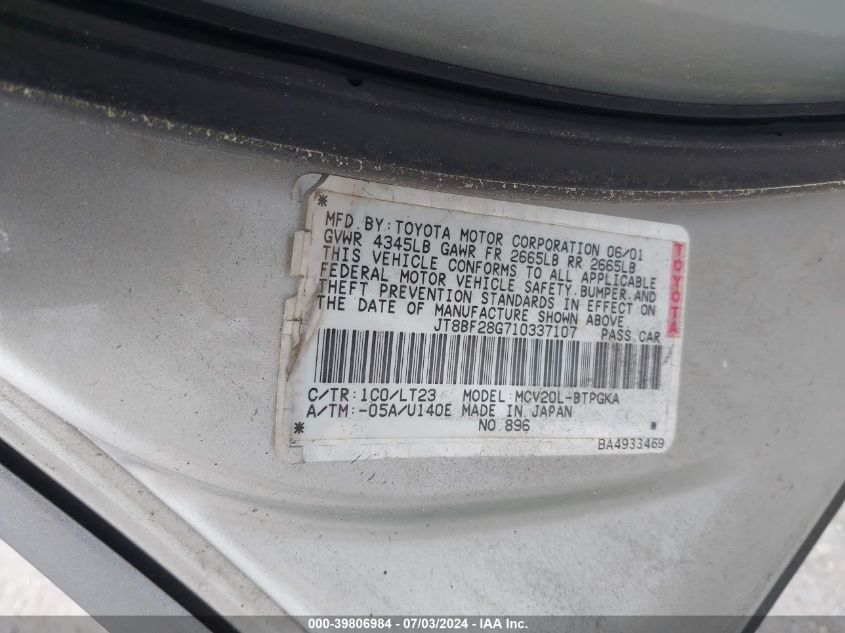 2001 Lexus Es 300 VIN: JT8BF28G710337107 Lot: 39806984