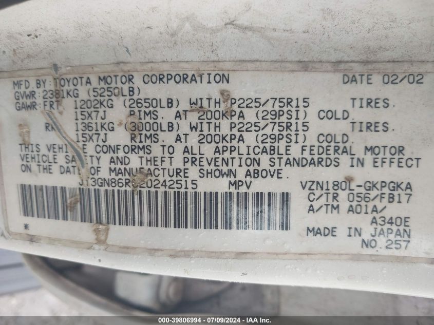 2002 Toyota 4Runner Sr5 V6 VIN: JT3GN86R820242515 Lot: 39806994