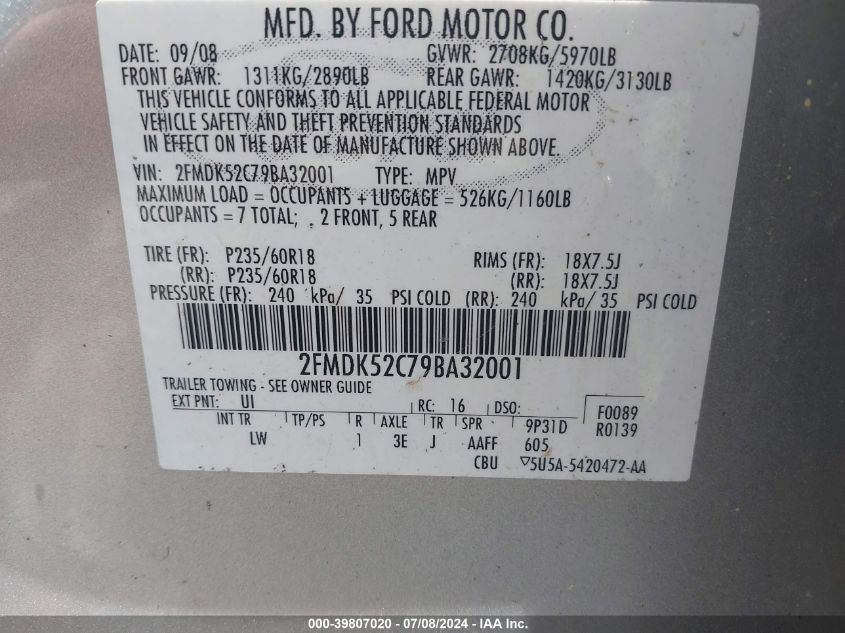 2009 Ford Flex Sel VIN: 2FMDK52C79BA32001 Lot: 39807020