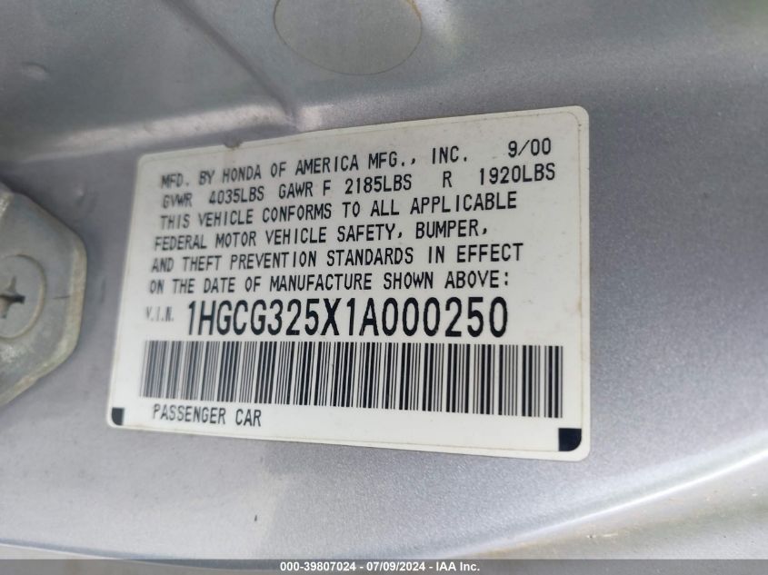2001 Honda Accord Ex VIN: 1HGCG325X1A000250 Lot: 39807024