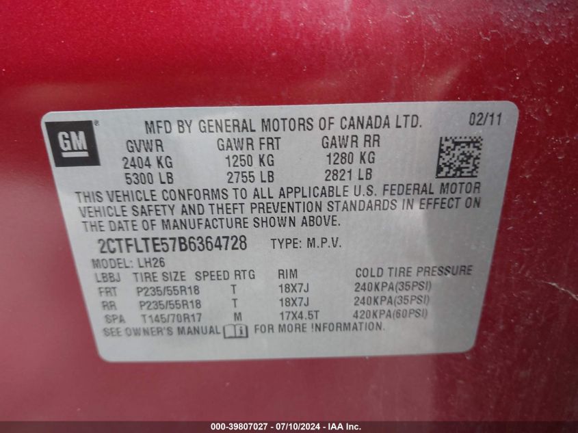 2011 GMC Terrain Sle-2 VIN: 2CTFLTE57B6364728 Lot: 39807027