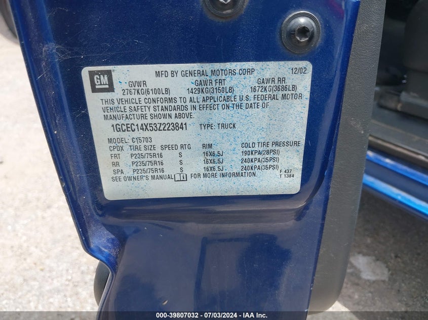 2003 Chevrolet Silverado 1500 VIN: 1GCEC14X53Z223841 Lot: 39807032