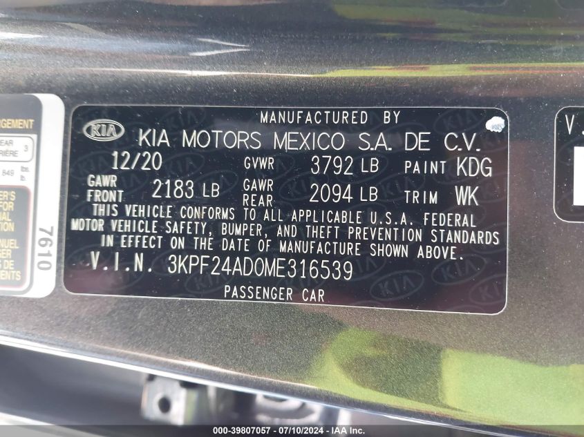 2021 Kia Forte Lxs VIN: 3KPF24AD0ME316539 Lot: 39807057